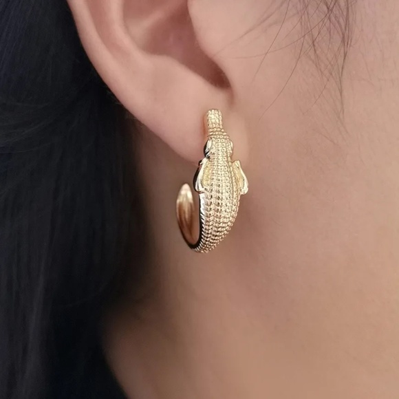 3/$35 Gold Alligator Hoop Earrings Animal Statement Jewelry Unique Accessory - Picture 1 of 4